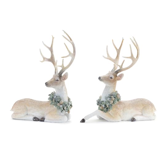 Melrose Glittered Deer Figurines with Holly Wreath - Set of 2